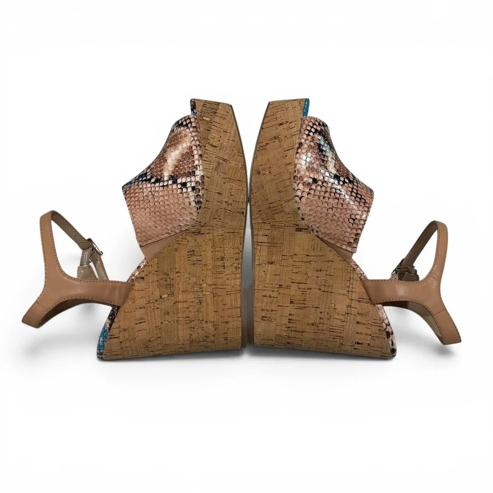 Charles by Charles David Snakeskin  Cork Wedge Sandals Turquoise/Tan Women's 8